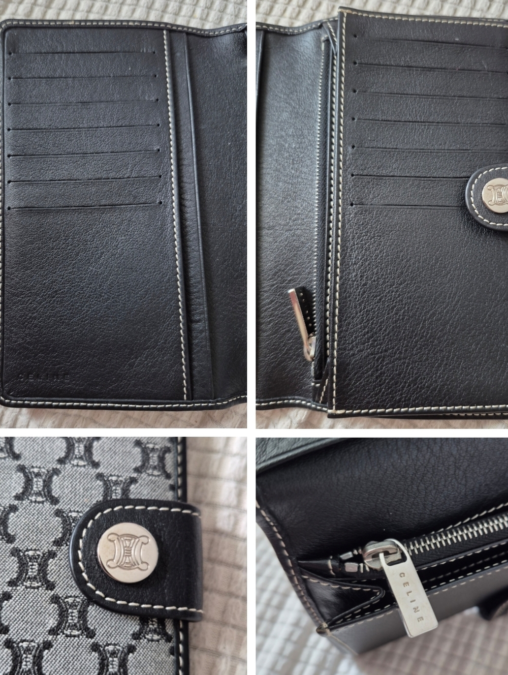 Celine Paris Black Grey Triomphe Fabric Leather Long Wallet - Picture 4 of 13